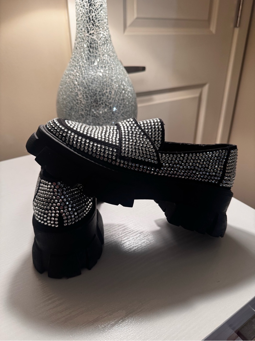 Steve Madden Black Crystal-Embellished Lug Sole Loafers